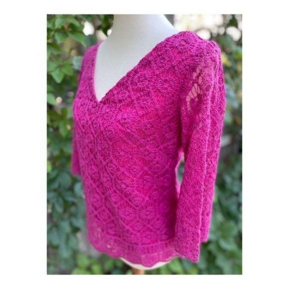 Vintage Crotchet Lace Fuschia Top Shirt 3/4 Sleeve - Picture 12 of 15